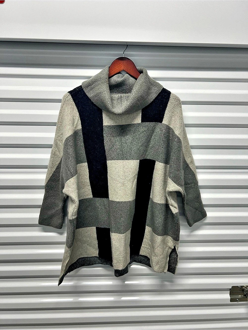 Anne Klein Women's Cowl Neck Grey Check Loose Fit Oversize Sweater Size M